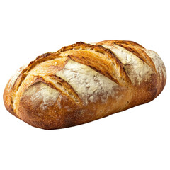Freshly baked loaf of rustic bread with visible crust details. png, transparent background.