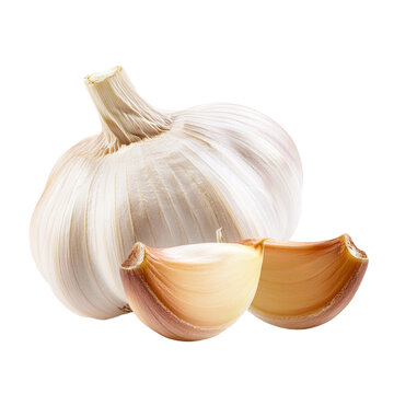 Full garlic and peeled garlic Isolated on transparent background