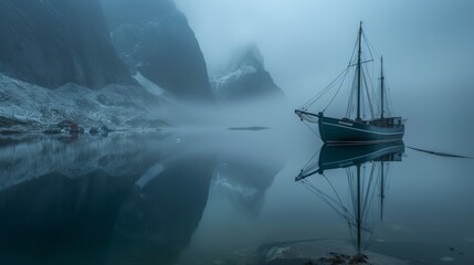 Obraz premium Sailing Ship in Misty Norwegian Fjord, Tranquil Scene. Reflections, Dramatic Mountains