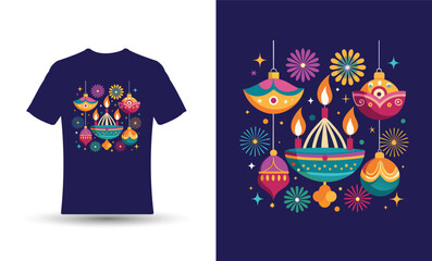 illustration style featuring colorful Diwali lamps t-shirt design.