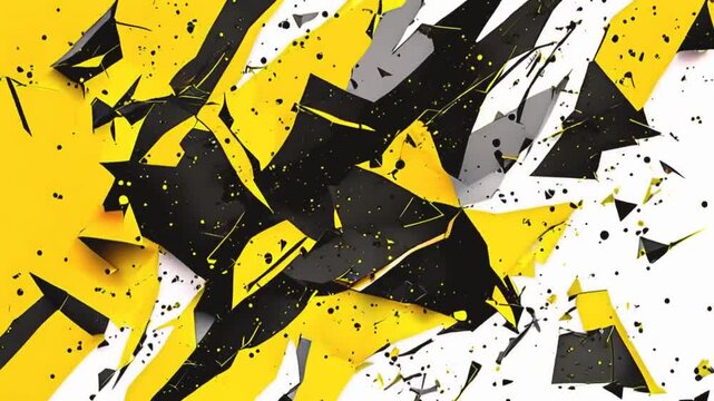 Abstract geometric design with black, yellow and gray triangles, lines and dots on white background.