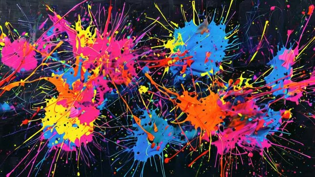 Abstract colorful paint splatters on black background.