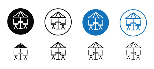 A variety of different colored umbrellas and tables, showing terrace icon, terrace icon in filled and outlined styles, terrace cafe icon, cafe seating icon,