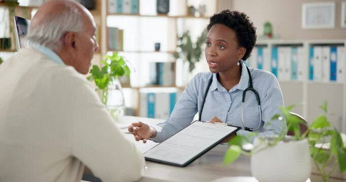 Senior man, question and documents to sign for legal paperwork, consent forms or life insurance for surgery. Doctor, consulting and medical administration for elderly support, agreement or contract