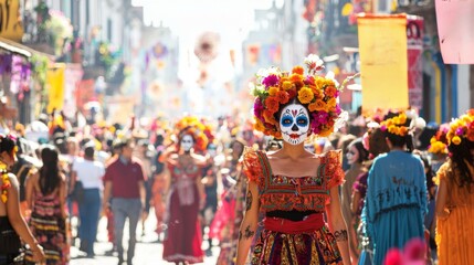 Fototapeta premium Festive Procession : A lively Day of the Dead procession featuring participants in traditional costumes, face paint, and vibrant flowers, walking through a decorated street with festive banners