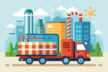 Naklejka premium A delivery truck loaded with goods travels past modern buildings under a clear sky, showcasing urban life and logistics in action.