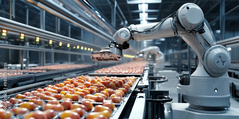 Poster robotic system sorting and packaging products in a food processing plant.