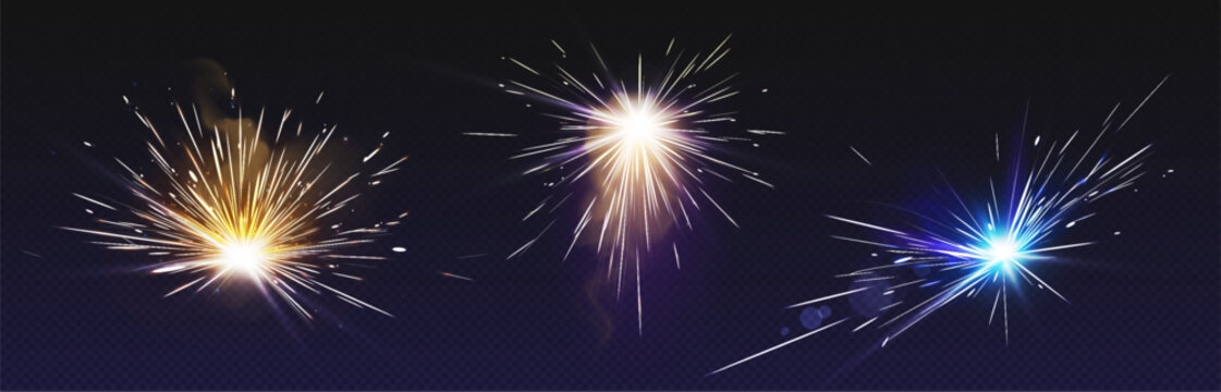Weld starburst fire and spark effect on dark background. Flare from work of electric welding machine for metal surface. Realistic 3d vector set of sparkler circular flame with flying lightnings.