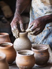 Skilled hands meticulously mold clay into distinctive pottery, highlighting the beauty of craftsmanship and artistic expression.