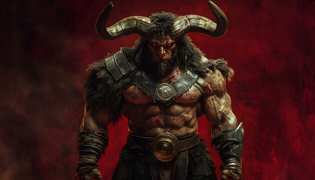 A hulking minotaur, ready for battle, against a solid bloodred background