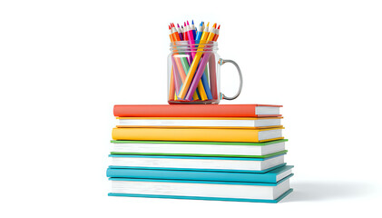 A stack of books with colorful pencils in a jar on top, isolated on a white background, symbolizing education and learning. 3D rendering.