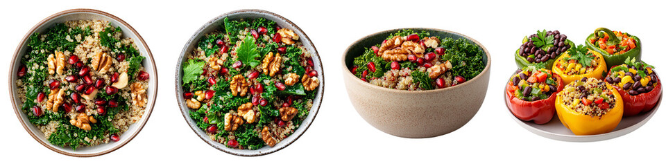 Quinoa and kale salad topped with pomegranate seeds and walnuts, paired with colorful bell peppers stuffed with quinoa, black beans, corn, and fresh herbs.