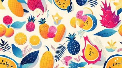 Vibrant graphic design featuring tropical fruits such as dragon fruit and star fruit Vector illustration suitable for scrapbooking kids wallpaper and textiles