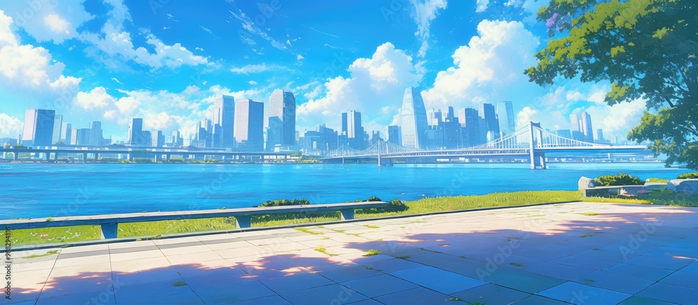 Poster painting of an empty square floor and bridge with a city skyline in the background