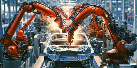 On modern automobile production high tech assembly line, robots assemble cars at auto industry factory 