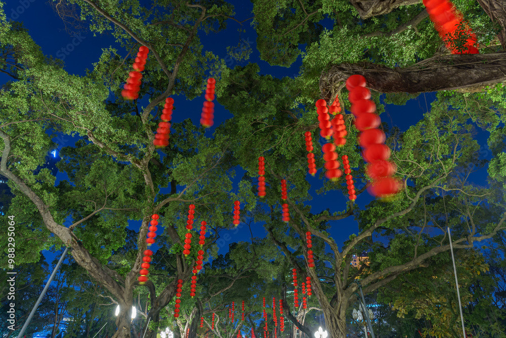 Wall mural Traditional Chinese New Year red lanterns on trees in city parks