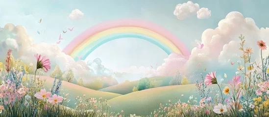 Wanddecoratie Regenboog Whimsical mural wallpaper featuring fluffy clouds and a vibrant rainbow ideal for a child s room depicting a dreamy landscape with hills flowers and pastel colors  © VRVisionary