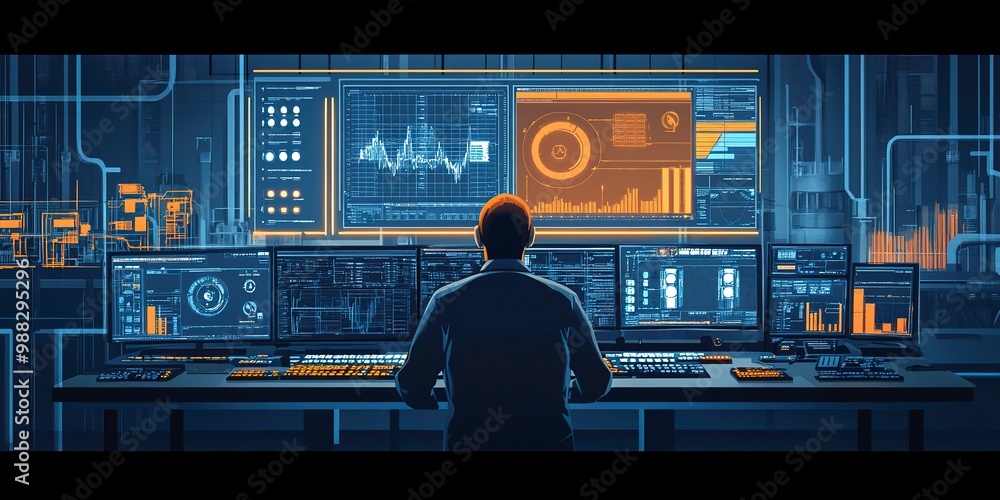Poster monitoring industrial processes from a central control room. concept real-time monitoring, centraliz