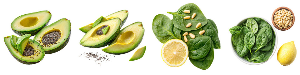 Fresh avocado halves topped with chia seeds, paired with spinach leaves, lemon slices, and pine nuts, creating a healthy and nutritious plant-based combination.