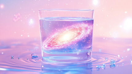 illustration of a galaxy inside a glass of water, fantasy, muystical, energy