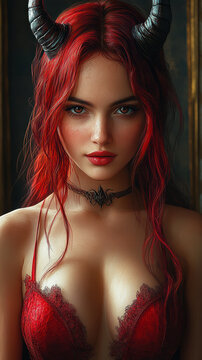 Seductive Red-Haired She-Devil with Horns in Lingerie, Tempting Lost Souls, Fantasy Illustration