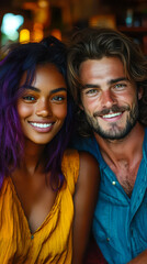 Fototapeta premium Friendly Chat at Home: Young Woman with Purple Hair and Man with Long Hair on Couch in Relaxed Conversation Setting
