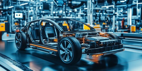 Obraz premium modern car factory production line with electric vehicle battery parts, industrial background 