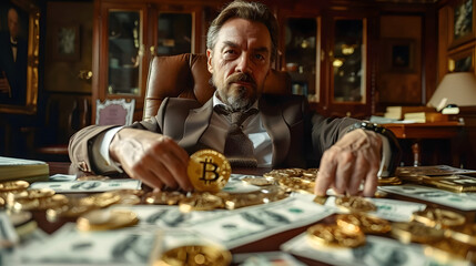 Rich man, the boss, sits at a table strewn with cash money, holding a gold bar and a bitcoin coin, symbolizing financial prowess and wealth in the cryptocurrency market or online