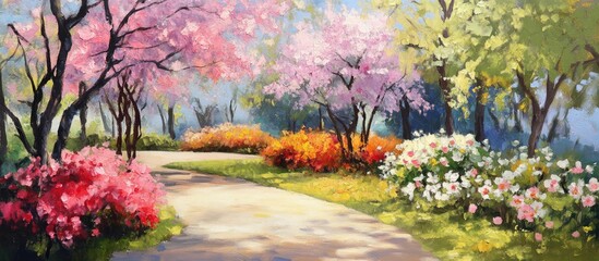 Painting of exquisite spring blooms in a park setting