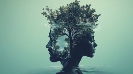 Modern creative art illustration of a man and a woman with a tree seemingly growing out of there heads symbolising unity, strength, imagination, creativity and mental health. Generative AI
