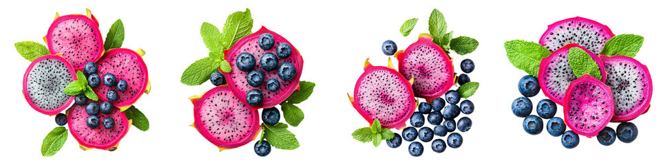Vibrant sliced dragon fruit paired with fresh blueberries and garnished with mint leaves, creating a colorful and refreshing fruit combination.