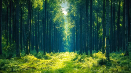 Obraz premium Sunlit Pathway Through Majestic Forest of Towering Pine Trees, Lush Greenery, and Serene Wilderness - Ideal for Nature, Tranquility, and Outdoor Adventure Concepts