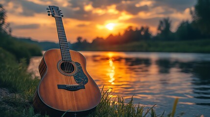 A calming acoustic guitar playing gentle melodies by a peaceful riverside at sunset, waves of relaxing sound drifting through the air Guitar, Background Music, Relaxing, Nature