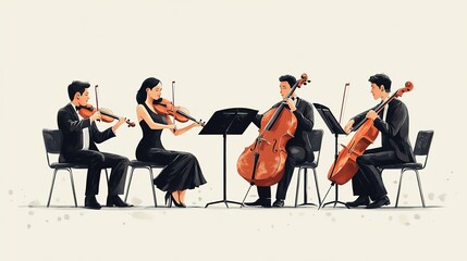 Fototapeta premium A classical music quartet performing on stage, elegant and traditional, detailed illustration, isolated on white background