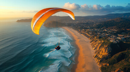 Paraglider Landing on Pristine Sandy Beach at Sunset, Majestic Seaside Landscape, Adventure, Freedom, Travel, Excitement, Coastal Nature Scenery, Outdoor Activity, Paragliding, Beautiful Beach