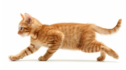 A lively cat dashes and strolls, captured in side profile against a clean, isolated background for clear focus.