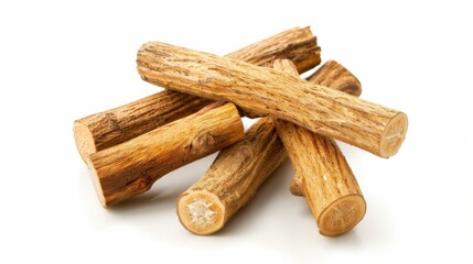 Discover the unique texture and flavor of real licorice root, isolated on a clean white background for striking visuals.