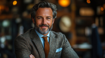 Fototapeta premium Confident Professional Businessman in Bustling Office Environment with Charismatic Smile, Productivity, Leadership and Corporate Success Representation