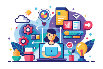 A designer works on a laptop surrounded by colorful graphics, gears, and elements representing creativity and technology in a modern workspace.