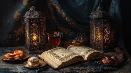 Ramadan Iftar Feast with Lanterns, Book, and Pastries