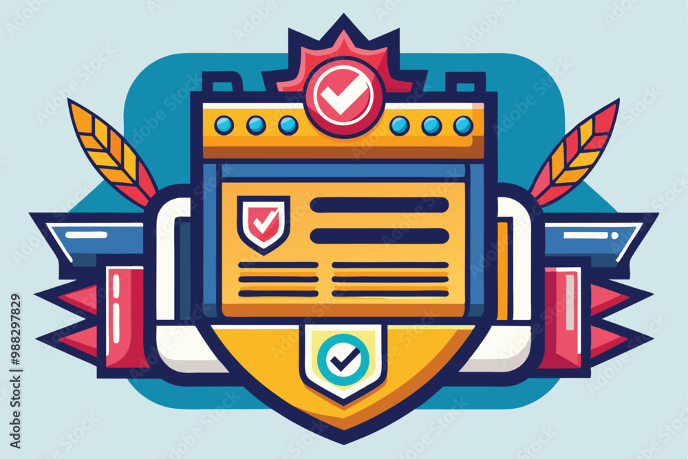 Poster a vibrant shield design element featuring checkmarks and decorative accents for enhancing user inter