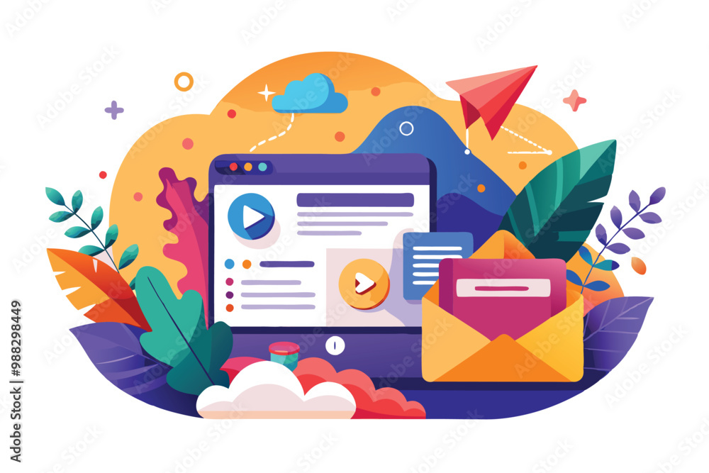 Poster a colorful digital design showcases a laptop with content and an envelope, surrounded by foliage and