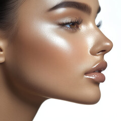 A close up profile of woman showcasing radiant skin with glossy finish, emphasizing her well defined features and natural beauty. lighting highlights her smooth complexion and enhances overall aesthet