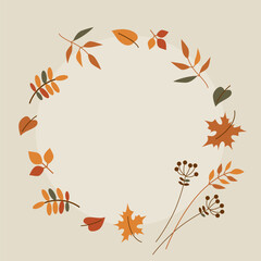 Vector round autumn frame with colourful leaves. Cozy wreath on a beige background. Nature template for greeting card or invitation.