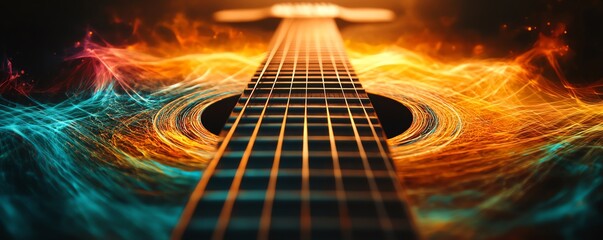 Acoustic guitar strings vibrating, emitting colorful sound waves, a visual representation of the power of music Guitar, Music, Sound