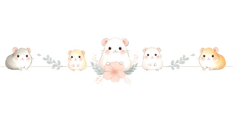 Row of hamsters sitting on a branch with leaves. Watercolor line border isolated on transparent background.