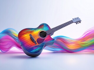 An acoustic guitar with colorful sound waves, folk music vibe, vibrant colors, isolated on white background
