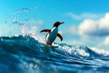 Obraz premium Penguin trying to surf on a tiny wave, clearly struggling but determined