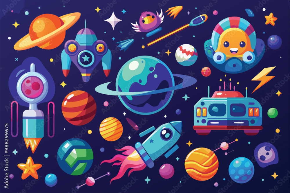 Poster colorful design elements showcase a whimsical cosmos with planets, rockets, and playful alien charac