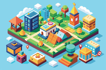 A vibrant cartoon park design featuring buildings, trees, pathways, and playful elements set in a bright, sunny atmosphere.